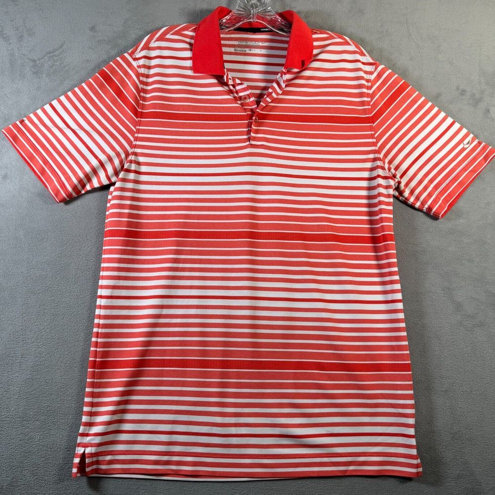 Nike Golf Polo‎ Shirt Mens M Red White Striped Tour Performance Swoosh Dri-Fit